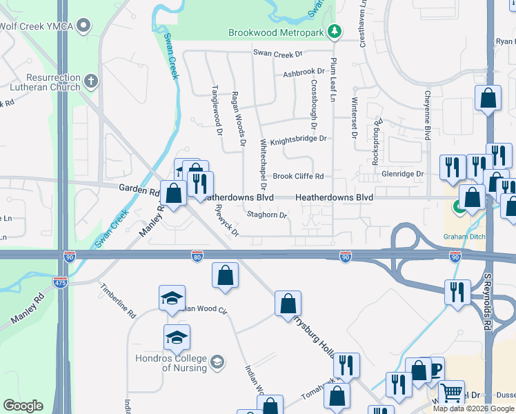 map of restaurants, bars, coffee shops, grocery stores, and more near 5841 Staghorn Drive in Toledo