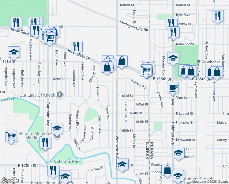 map of restaurants, bars, coffee shops, grocery stores, and more near 1405 Wentworth Avenue in Calumet City