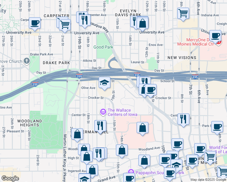 map of restaurants, bars, coffee shops, grocery stores, and more near 950 15th Street in Des Moines