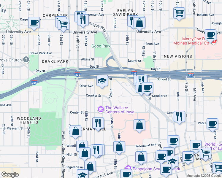 map of restaurants, bars, coffee shops, grocery stores, and more near 950 15th Street in Des Moines