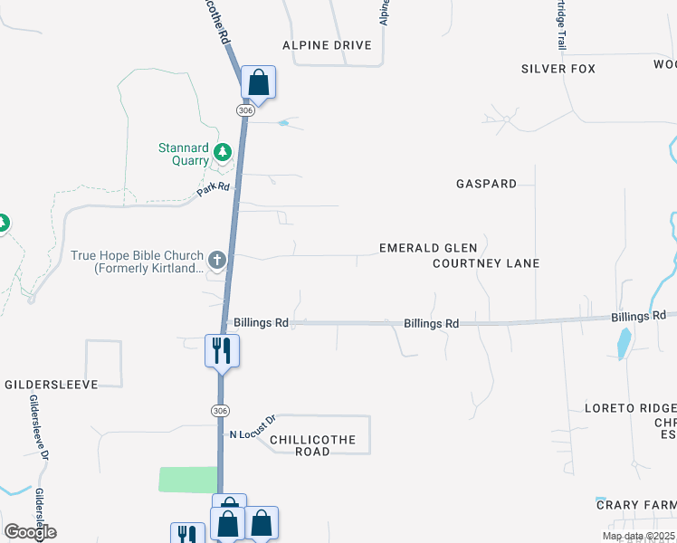 map of restaurants, bars, coffee shops, grocery stores, and more near 8345-8357 Billings Road in Kirtland