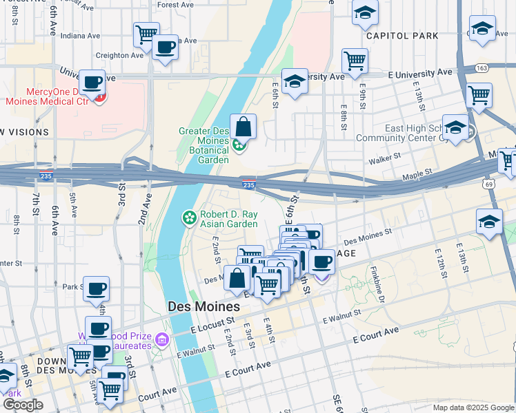 map of restaurants, bars, coffee shops, grocery stores, and more near River Hills Apartment in Des Moines