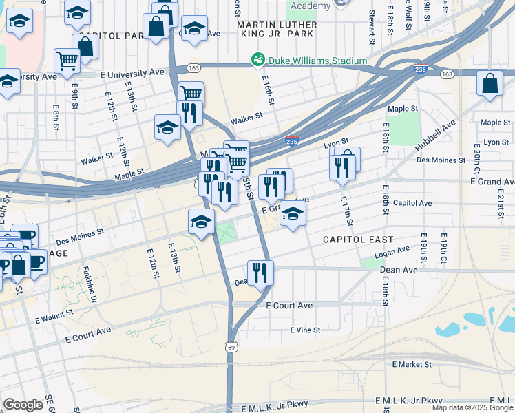 map of restaurants, bars, coffee shops, grocery stores, and more near 1501 Des Moines Street in Des Moines