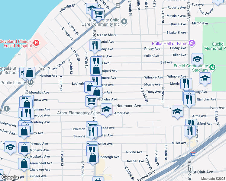 map of restaurants, bars, coffee shops, grocery stores, and more near 20531 Morris Avenue in Euclid