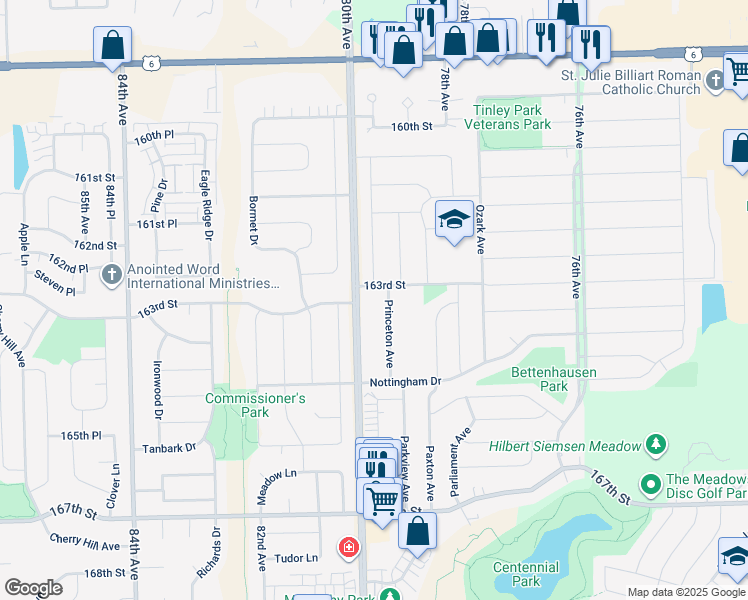 map of restaurants, bars, coffee shops, grocery stores, and more near 16260 Princeton Avenue in Tinley Park