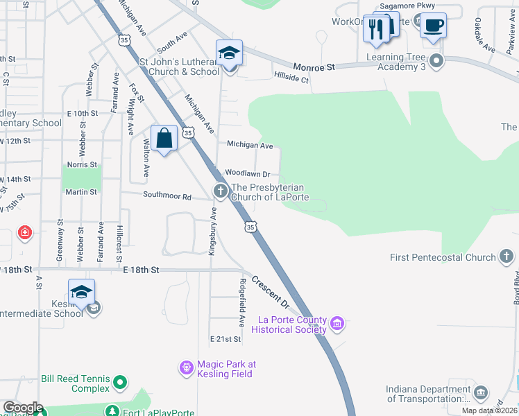 map of restaurants, bars, coffee shops, grocery stores, and more near 201-299 Forest Drive in La Porte