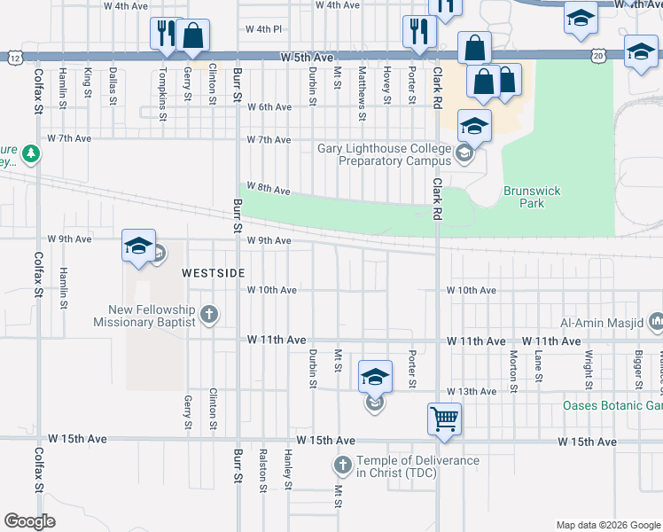 map of restaurants, bars, coffee shops, grocery stores, and more near 940 Mount Street in Gary
