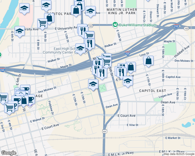 map of restaurants, bars, coffee shops, grocery stores, and more near 615 East 14th Street in Des Moines
