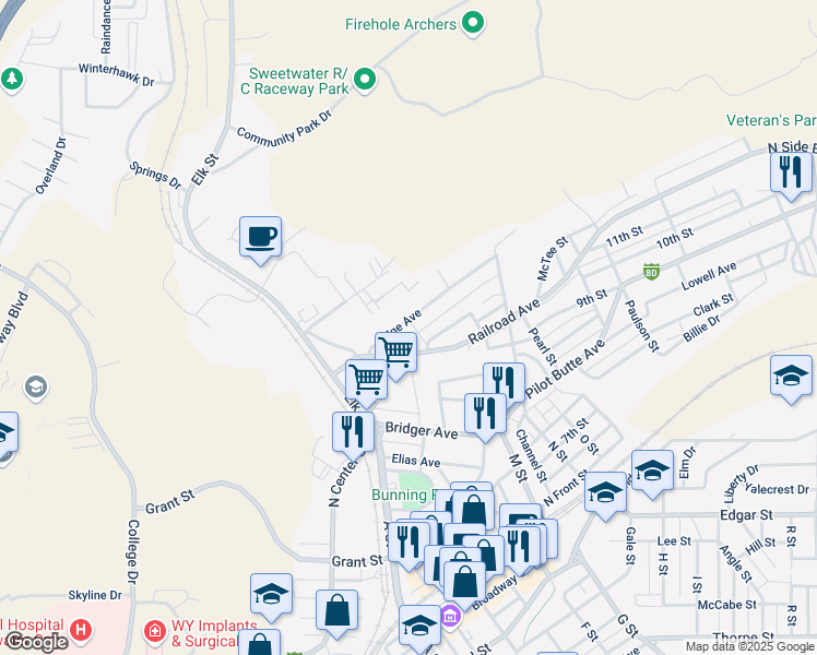 map of restaurants, bars, coffee shops, grocery stores, and more near 602 Milne Street in Rock Springs