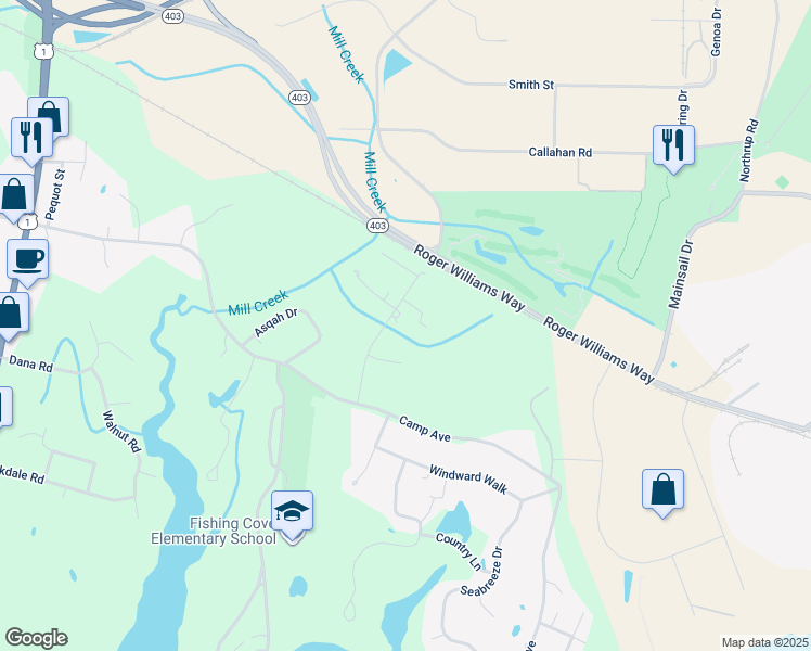 map of restaurants, bars, coffee shops, grocery stores, and more near 1 Cattail Lane in North Kingstown