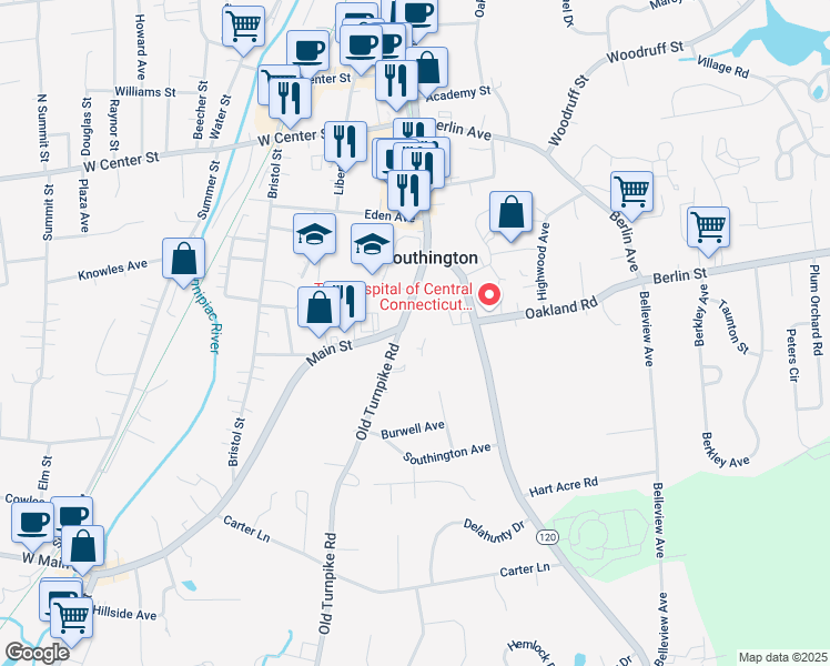 map of restaurants, bars, coffee shops, grocery stores, and more near 289 Main Street in Southington
