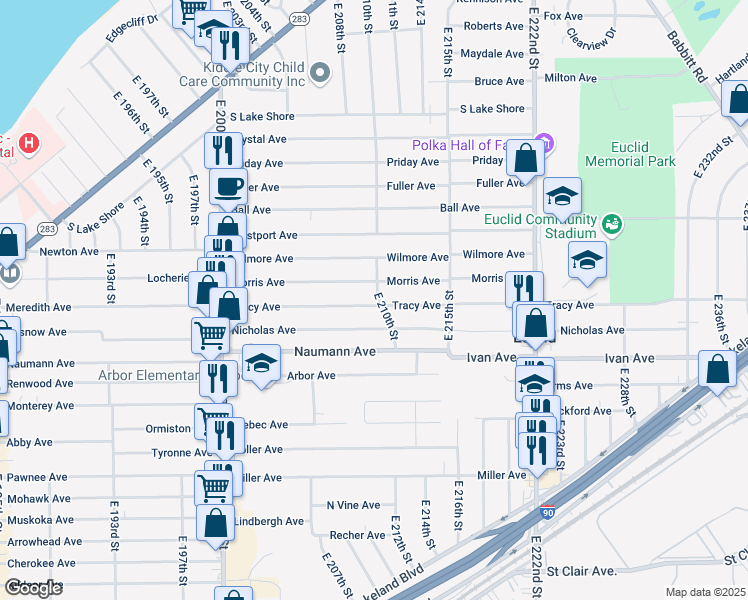 map of restaurants, bars, coffee shops, grocery stores, and more near 20971 Morris Avenue in Euclid