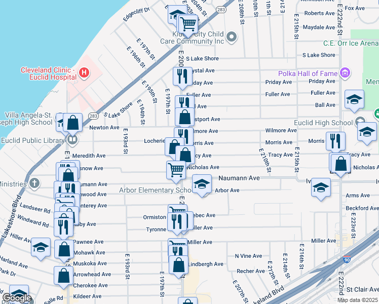 map of restaurants, bars, coffee shops, grocery stores, and more near 405 East 200th Street in Cleveland
