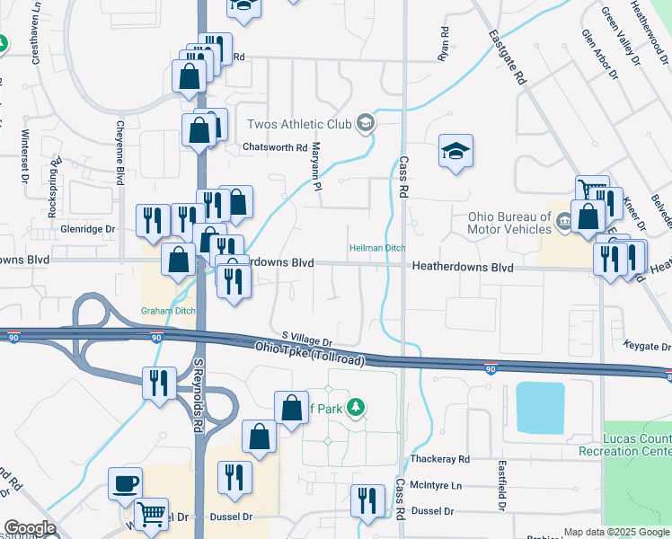 map of restaurants, bars, coffee shops, grocery stores, and more near 2444 Dublin Place in Toledo