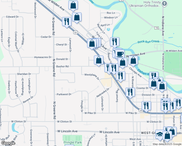 map of restaurants, bars, coffee shops, grocery stores, and more near in Elkhart