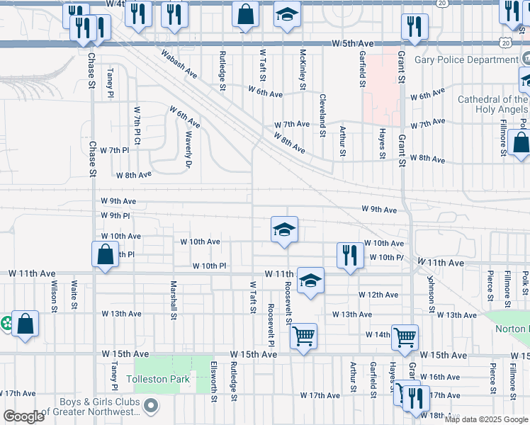 map of restaurants, bars, coffee shops, grocery stores, and more near 2286 West 9th Avenue in Gary