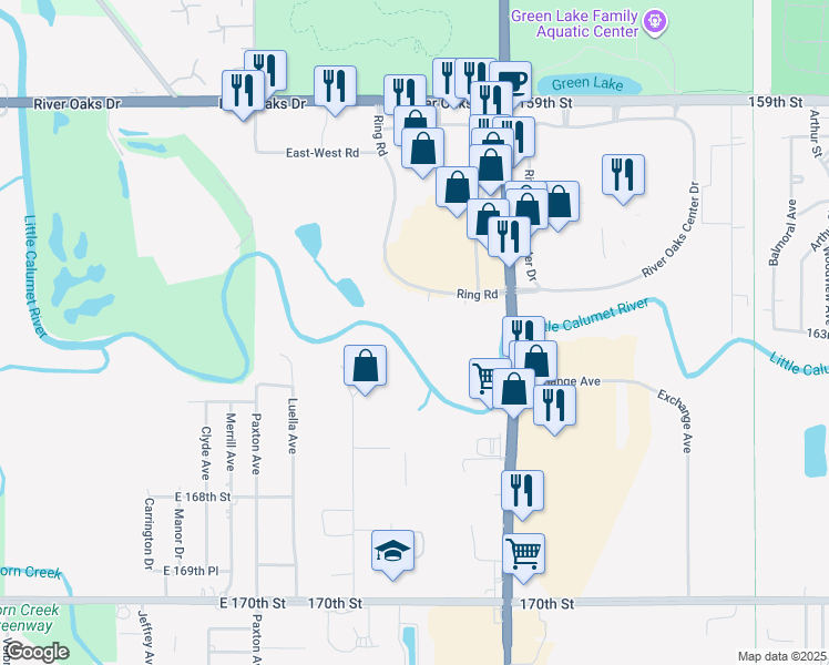map of restaurants, bars, coffee shops, grocery stores, and more near 1459 Ring Road in Calumet City