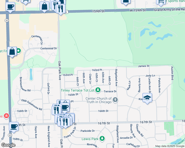 map of restaurants, bars, coffee shops, grocery stores, and more near 6548 163rd Place in Tinley Park