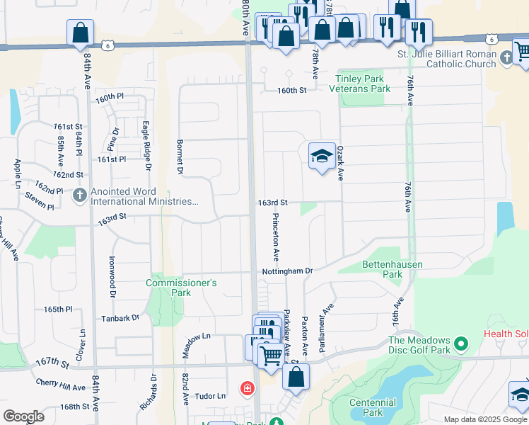 map of restaurants, bars, coffee shops, grocery stores, and more near 16260 Princeton Avenue in Tinley Park