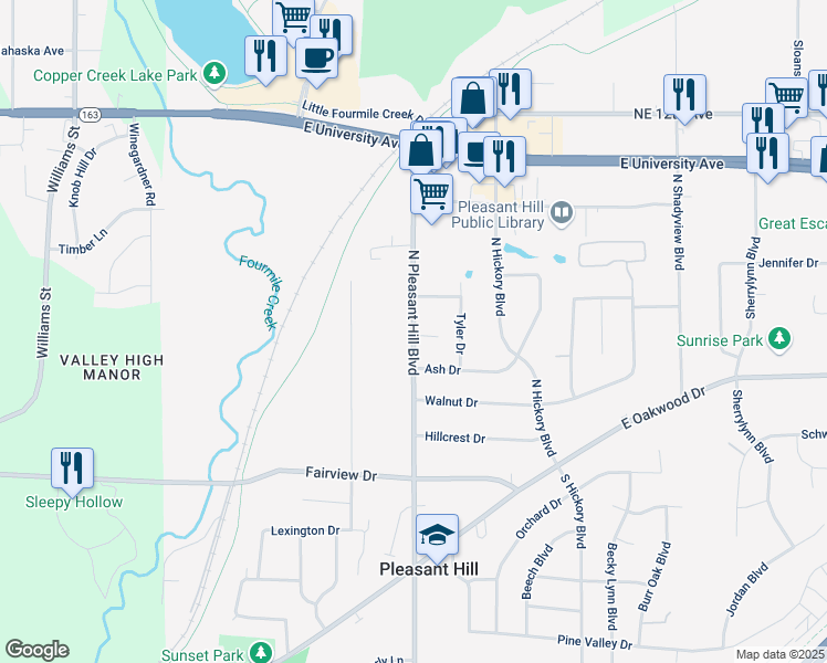 map of restaurants, bars, coffee shops, grocery stores, and more near 660 North Pleasant Hill Boulevard in Pleasant Hill