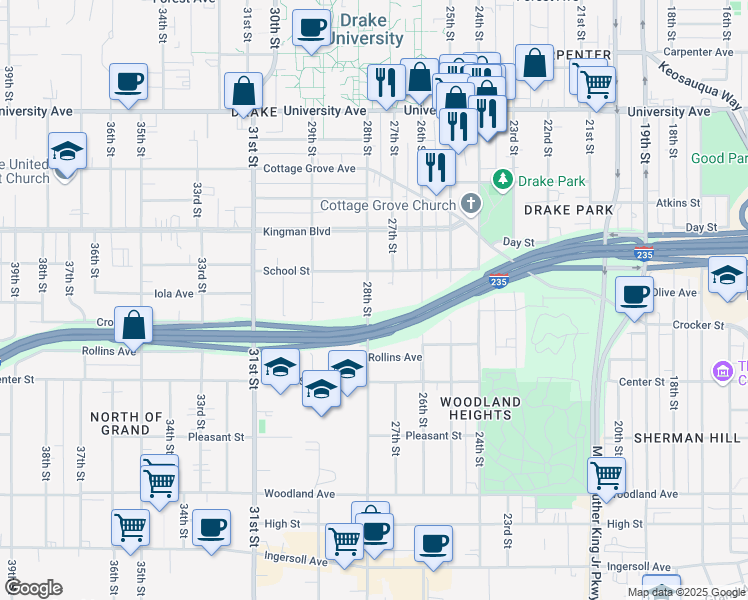 map of restaurants, bars, coffee shops, grocery stores, and more near 951 28th Street in Des Moines
