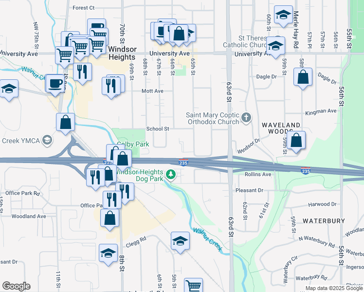 map of restaurants, bars, coffee shops, grocery stores, and more near 6512 School Street in Windsor Heights