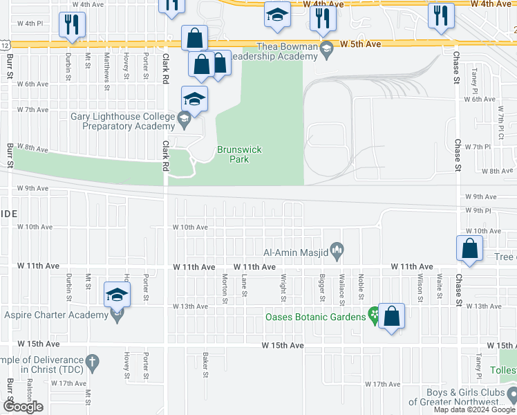map of restaurants, bars, coffee shops, grocery stores, and more near 952 Willard Street in Gary
