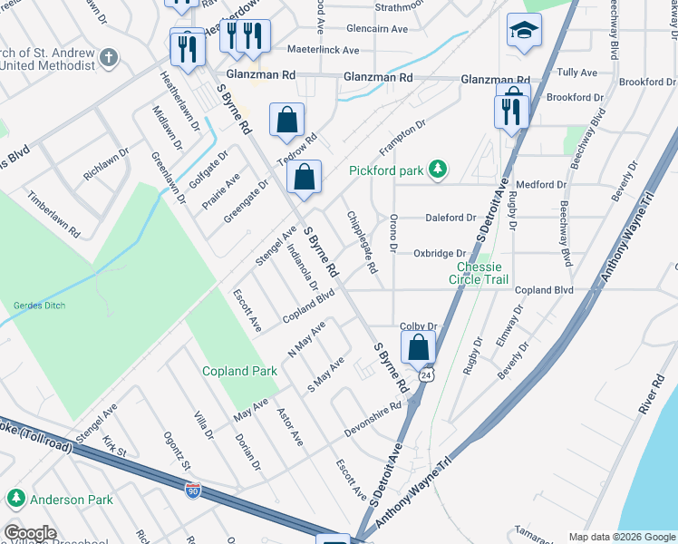 map of restaurants, bars, coffee shops, grocery stores, and more near 2979 South Byrne Road in Toledo