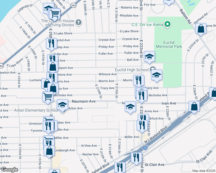 map of restaurants, bars, coffee shops, grocery stores, and more near 21271 Tracy Avenue in Euclid