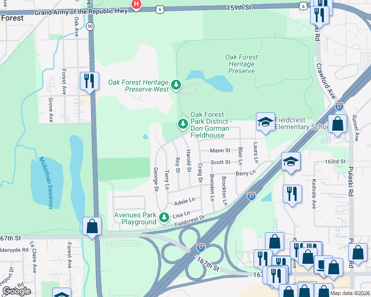 map of restaurants, bars, coffee shops, grocery stores, and more near 16416 Harold Street in Oak Forest