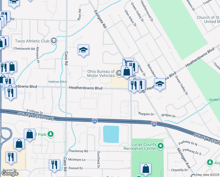 map of restaurants, bars, coffee shops, grocery stores, and more near Heatherdowns Boulevard in Toledo