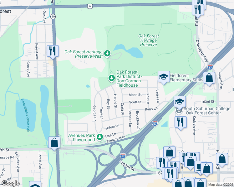 map of restaurants, bars, coffee shops, grocery stores, and more near 16417 Harold Street in Oak Forest