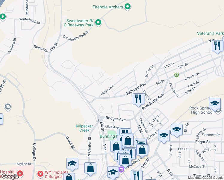 map of restaurants, bars, coffee shops, grocery stores, and more near 602 Milne Street in Rock Springs