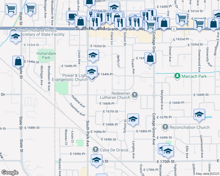 map of restaurants, bars, coffee shops, grocery stores, and more near 16536 Claire Lane in South Holland