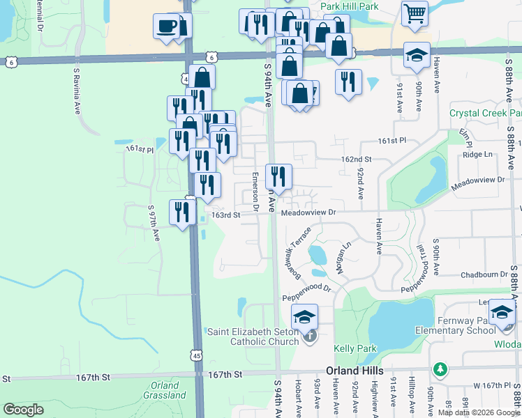map of restaurants, bars, coffee shops, grocery stores, and more near 16249 Emerson Drive in Orland Park