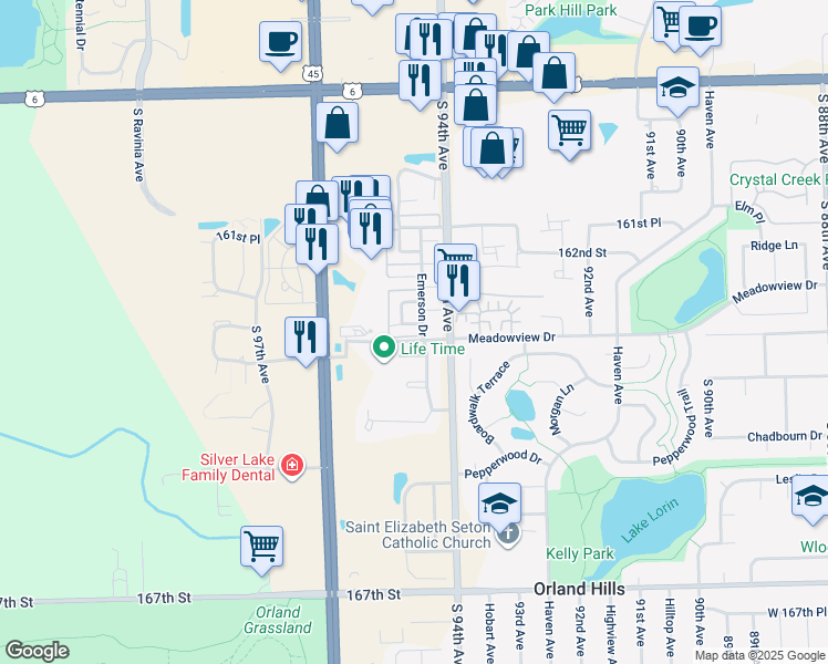 map of restaurants, bars, coffee shops, grocery stores, and more near 9429 Providence Square in Orland Park