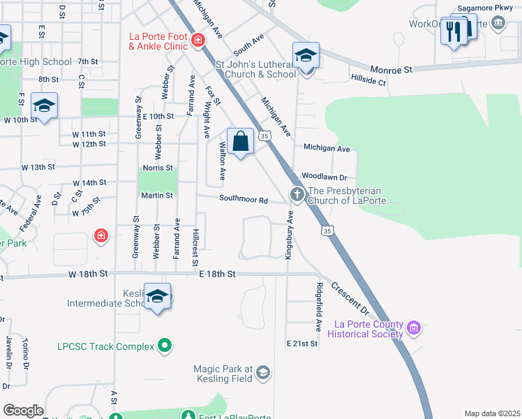 map of restaurants, bars, coffee shops, grocery stores, and more near 14 Greenacres Street in La Porte