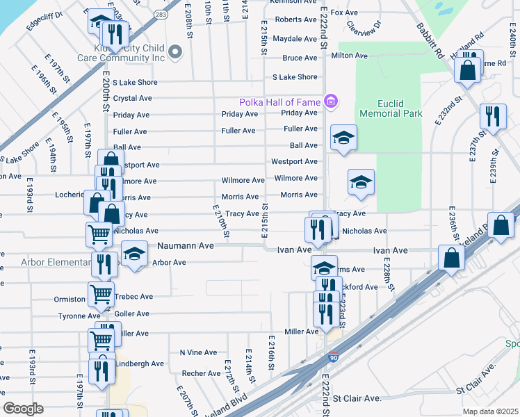 map of restaurants, bars, coffee shops, grocery stores, and more near 21431 Tracy Avenue in Euclid