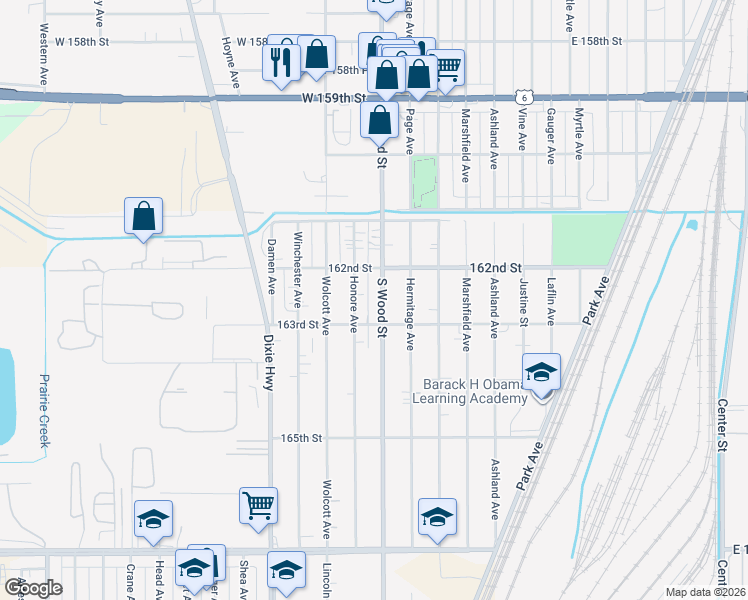 map of restaurants, bars, coffee shops, grocery stores, and more near 16236 South Wood Street in Markham