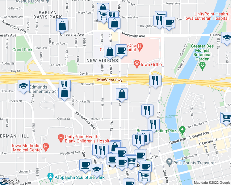 map of restaurants, bars, coffee shops, grocery stores, and more near 928 6th Avenue in Des Moines