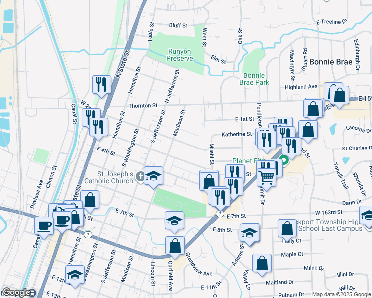 map of restaurants, bars, coffee shops, grocery stores, and more near 531 East 2nd Street in Lockport