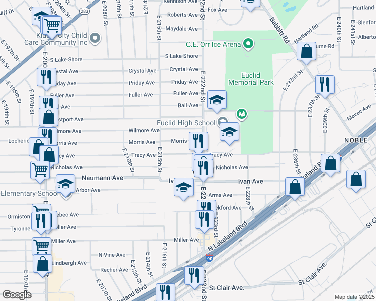 map of restaurants, bars, coffee shops, grocery stores, and more near 22000 Morris Avenue in Euclid