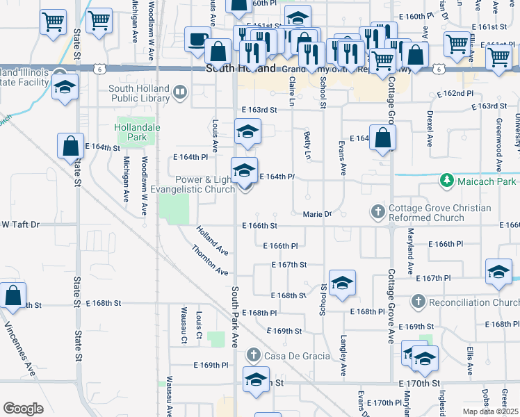 map of restaurants, bars, coffee shops, grocery stores, and more near 16511 South Park Avenue in South Holland