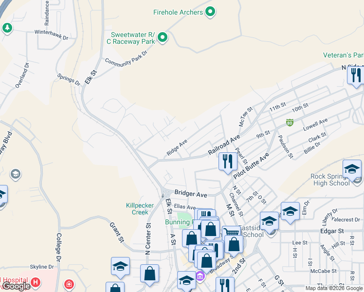 map of restaurants, bars, coffee shops, grocery stores, and more near 602 Milne Street in Rock Springs