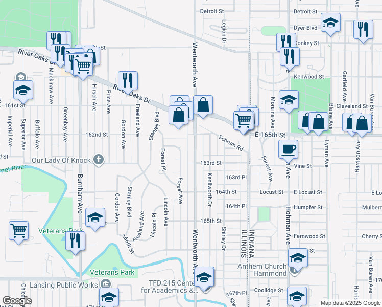 map of restaurants, bars, coffee shops, grocery stores, and more near 1365 Wentworth Avenue in Calumet City