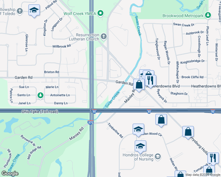map of restaurants, bars, coffee shops, grocery stores, and more near 6153 Garden Road in Maumee