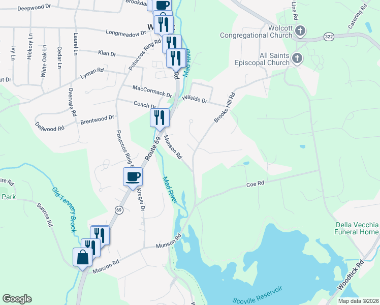 map of restaurants, bars, coffee shops, grocery stores, and more near 156 Brooks Hill Road in Wolcott