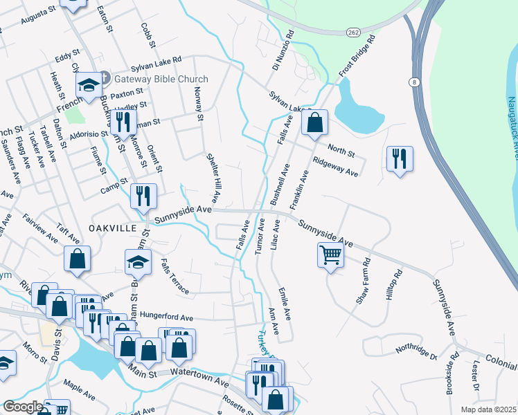 map of restaurants, bars, coffee shops, grocery stores, and more near 18 Edgewood Road in Watertown