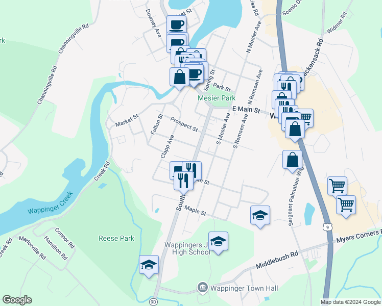map of restaurants, bars, coffee shops, grocery stores, and more near 17 West Academy Street in Wappingers Falls