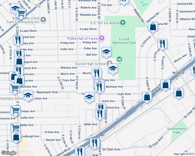 map of restaurants, bars, coffee shops, grocery stores, and more near 720 East 222nd Street in Euclid